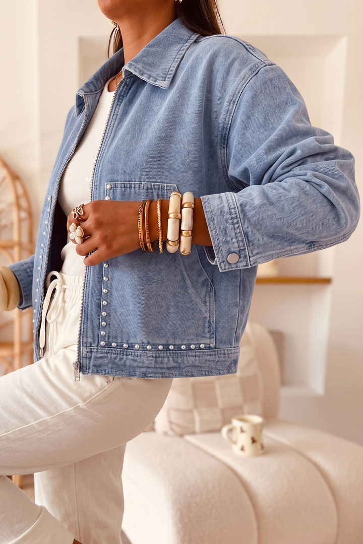 Millie Pearl Trim Denim Jacket Small image 1