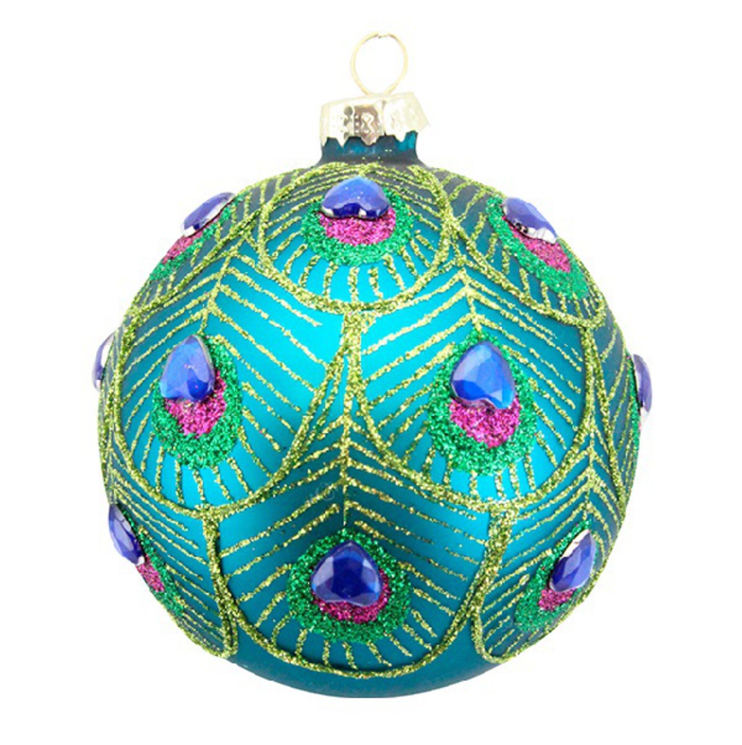 Glass Ball Turq, Peacock Design Gems 8cm *ETA NOV image 0