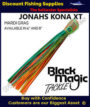 Black Magic Jonahs Kona XT Lure 8" Mardi Gras - Rigged (Zucchini Colour)