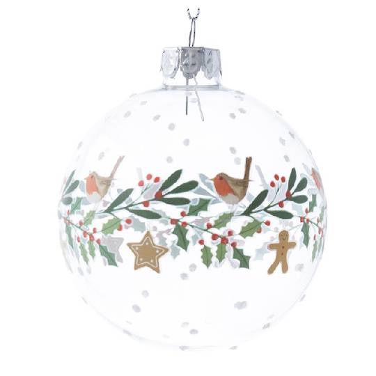 INDENT - Pack 12, Glass Ball Clear, Robin & Holly Band 8cm