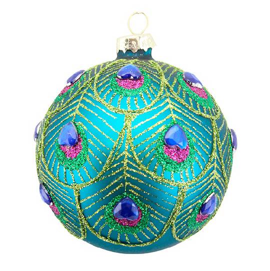 Glass Ball Turq, Peacock Design Gems 8cm *ETA NOV
