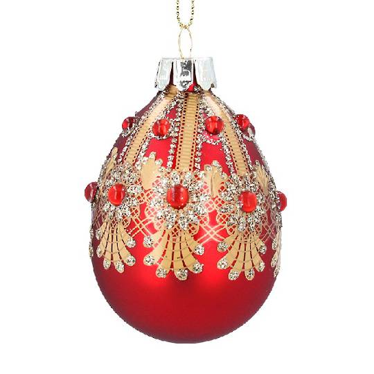 INDENT - Pack 12, Glass Egg Matt Red, Gold Jewels 8cm