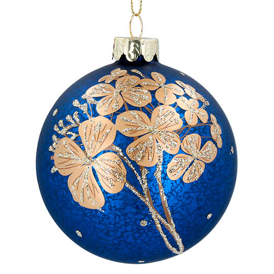 Glass Ball Antique Matt Blue, Gold Flowers 8cm