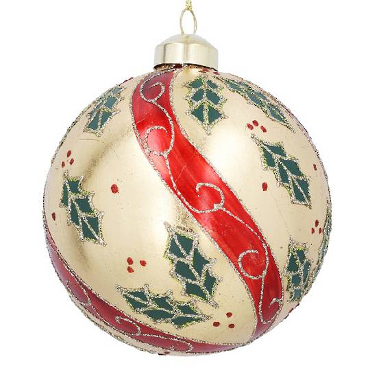 INDENT - Pack 12, Glass Ball Large Gold, Holly & Red Swirl 10cm