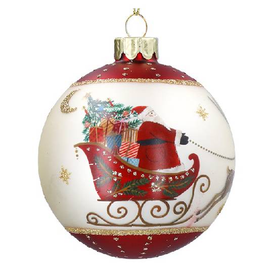 Glass Ball Ivory with Red Caps, Santa Sleigh 8cm *ETA NOV