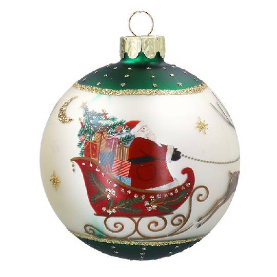 Glass Ball Ivory with Green Caps, Santa Sleigh 8cm *ETA NOV