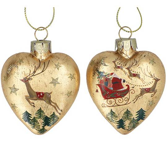 PRE-ORDER - Set 2, Glass Heart Gold, Nostalgic Deer & Sleigh 7cm *ETA NOV