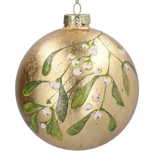 Glass Ball Large Gold, Mistletoe 10cm *ETA NOV