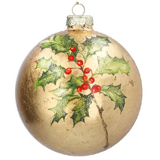 Glass Ball Large Gold, Holly Spray 10cm *ETA NOV