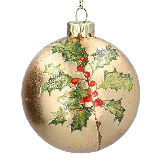 Glass Ball Gold, Holly Spray 8cm *ETA NOV