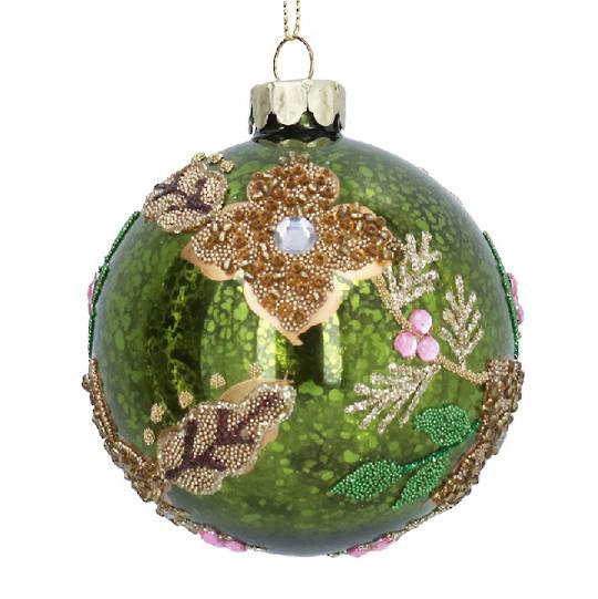 Glass Ball Antique Lime, Gold Flowers 8cm *ETA NOV