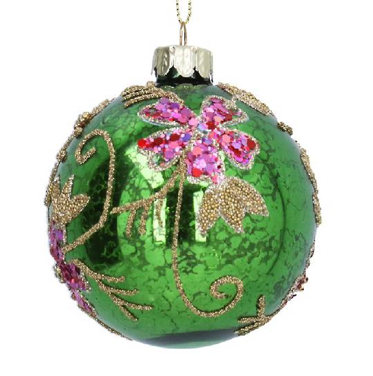Glass Ball Antique Lime, Pink Flowers 8cm *ETA NOV