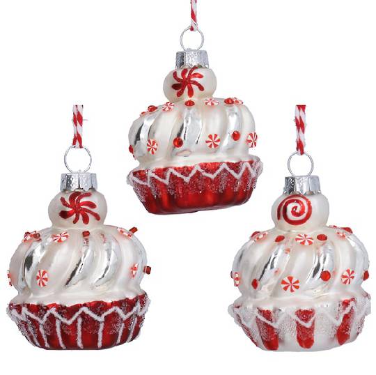INDENT - Pack 12, Glass Cupcake, Red & White 6cm