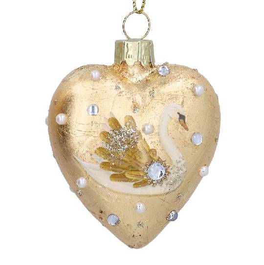 Glass Heart Gold, Gold Swan 7cm *ETA Nov