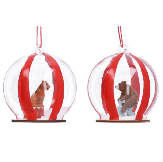 INDENT - Pack 6, Glass Ball Clear, Red Stripe with Animal Inside 8cm