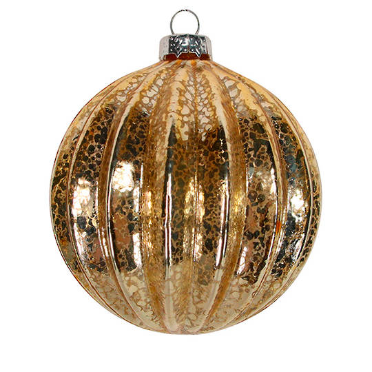 INDENT - Pack 12, Glass Ball Antique Gloss Gold, Rib 8cm