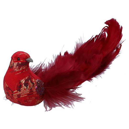 BirdClip, Red Motif Fabric Curly Tail Feather 18cm *ETA Nov