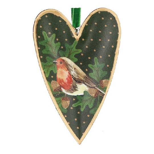 Tin Heart Green, Acorns & Robin 12cm *ETA Nov