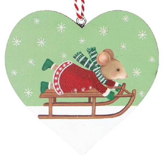 Wood Heart Green, Mouse Sally on Sleigh 8cm *ETA Nov
