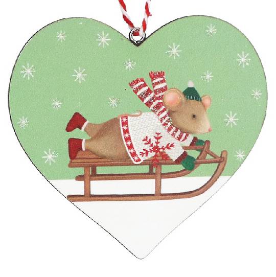 Wood Heart Green, Mouse Alfie on Sleigh 8cm *ETA Nov
