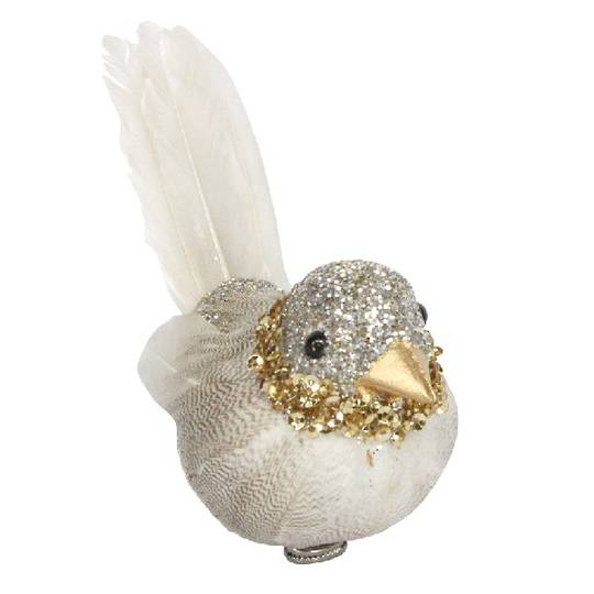 Bird Clip Fat Glitter Beige, Feather Tail Up 15cm *ETA Nov