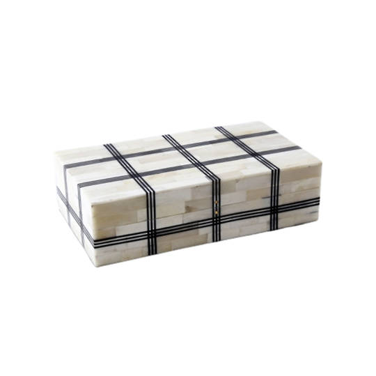PLAID BONE & WOOD KEEPSAKE BOX  LGE