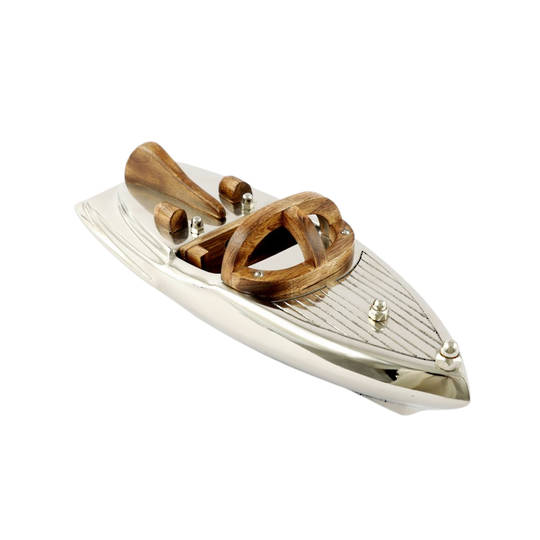 VINTAGE SPEEDBOAT ORNAMENT POLISHED NICKEL & WOOD