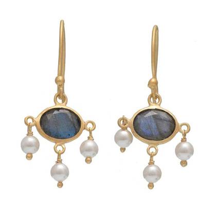 Gold Plate Bapu Earrings set with Labradorite & Pearl (sold)