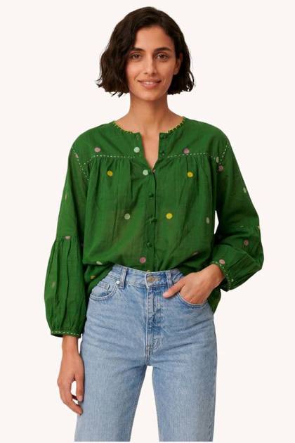 Natini Jamdani Cotton Blouse in Green  (due late July - Order Now)