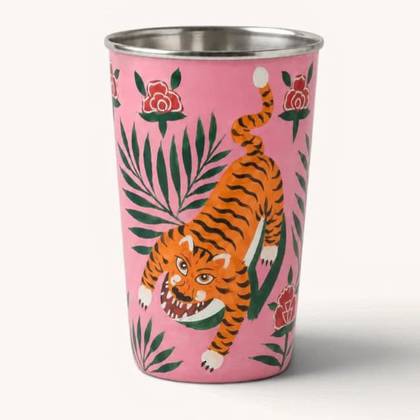Srinagar Hand-Painted Stainless Steel Tumbler / Vase - Tiger Pink (due late July - Order Now)