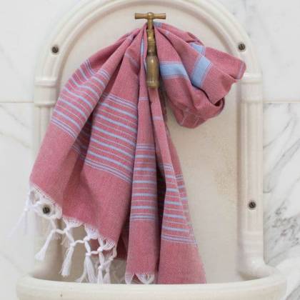 Turkish Cotton Hand Towel  Made in Turkey  Burgundy  Red with Light Blue Stripes
