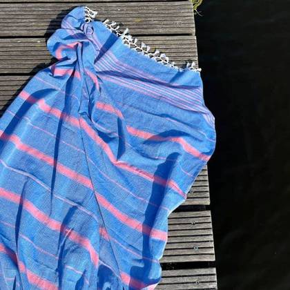 Turkish 2 Tone Striped Cotton Towel  Made in Turkey  Mediterranean Blue with Candy Pink Stripes (due June 16 - Order Now)