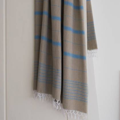 Turkish 2 Tone Striped Cotton Towel  Made in Turkey  Olive Green with Ocean Blue Stripes (due June 16 - Order Now)