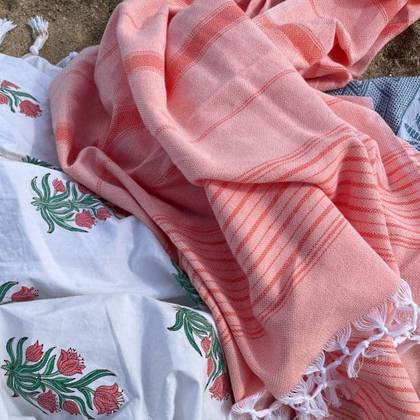 Turkish 2 Tone Striped Cotton Towel  Made in Turkey  Peach with Mandarin Stripes (due June 16 - Order Now)