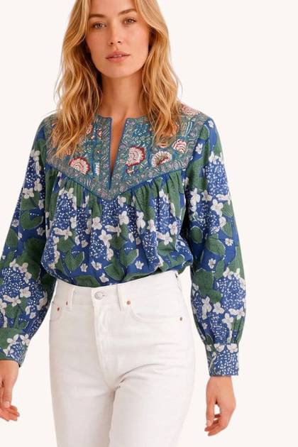Embroidered Yoke Blouse - Navy Floral (due late July - Order Now)