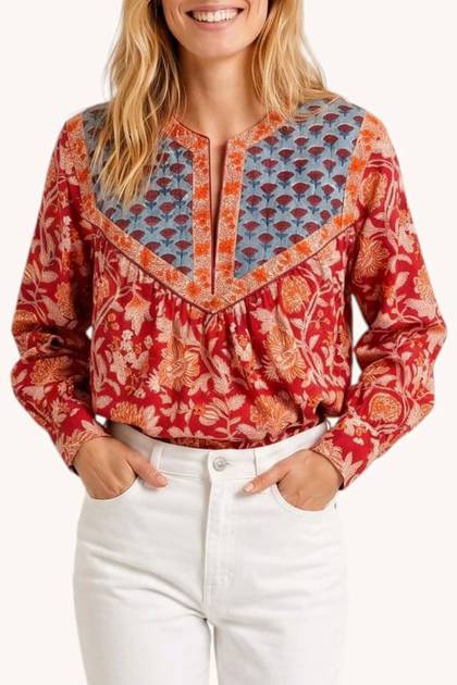 Embroidered Yoke Blouse - Terracotta Floral (due late July - Order Now)