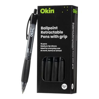 Okin Ballpoint Retractable Pen with Grip Medium Black Box 10