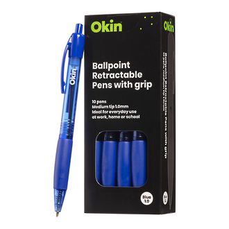 Okin Ballpoint Retractable Pen with Grip Medium Blue Box 10