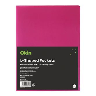 Okin L Shaped Pockets A4 Pink, Pack of 12